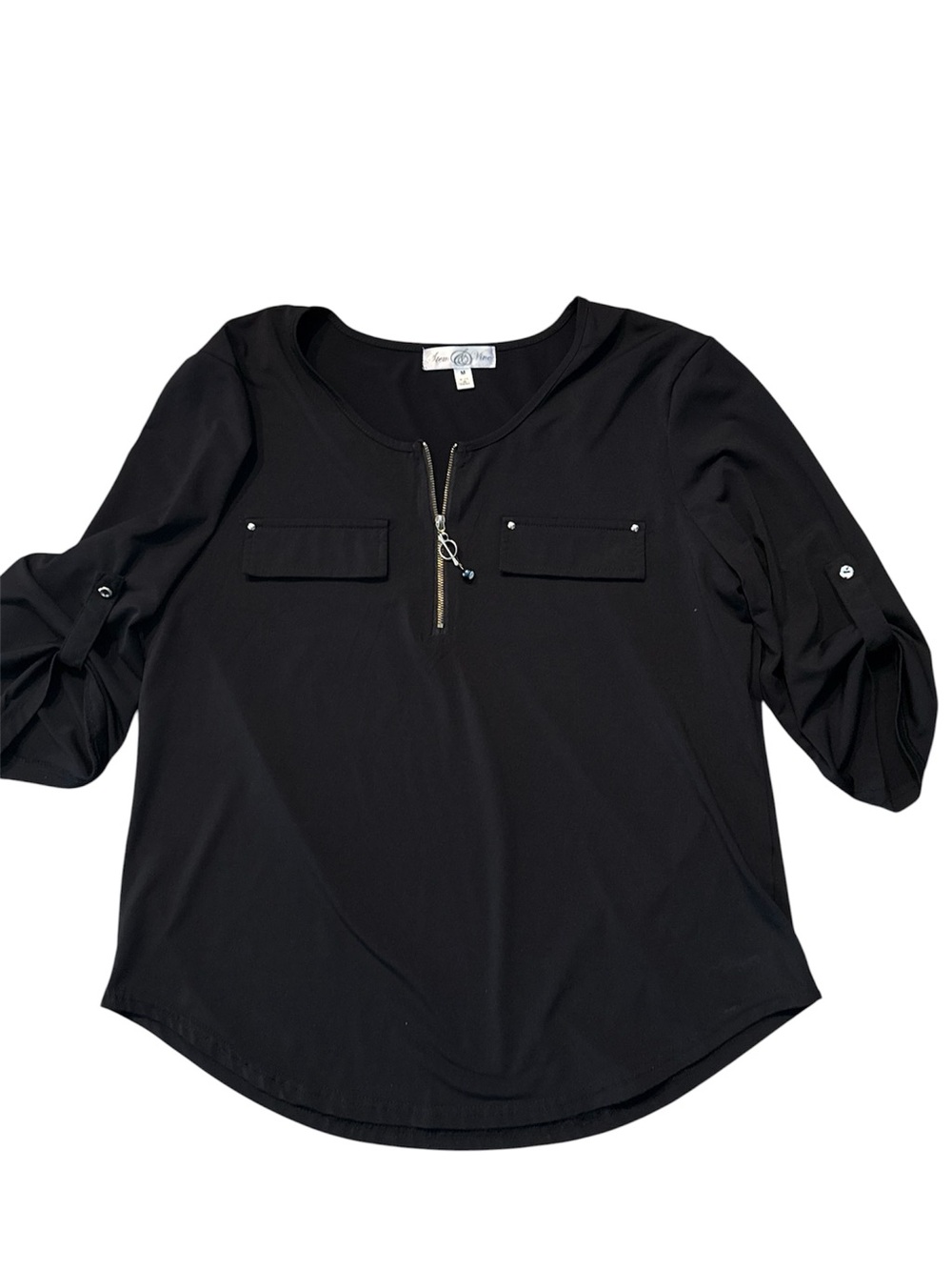 Black Half-Zip Roll-Sleeve Women's Blouse